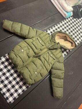 Kids Hooded Olive Green Puffer Jacket with Sherpa Lining